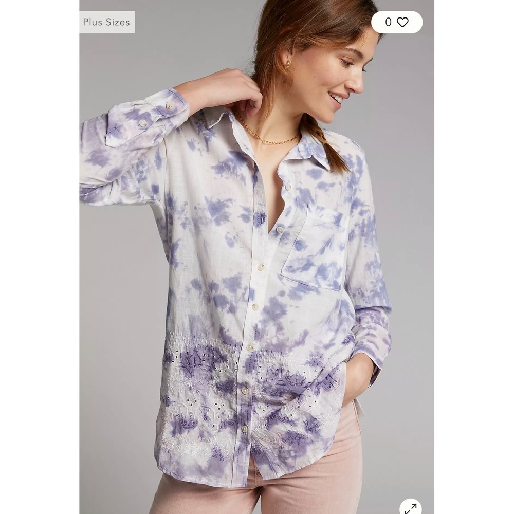 Pilcro Anthropologie Tie Dye Eyelet Embroidered Cotton Button Down Shirt Blue‎ L